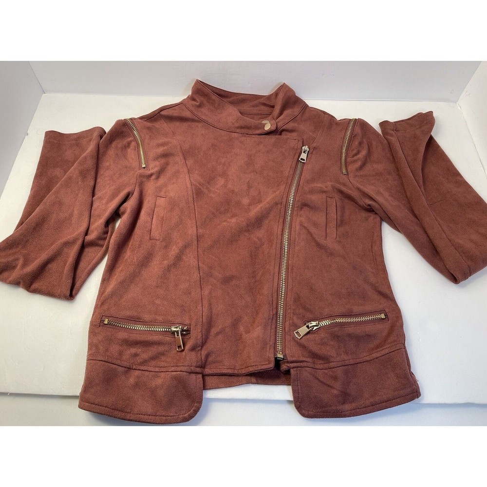 Suede Zipper Detailed Crop Biker Jacket Rust Medium Color Size Small